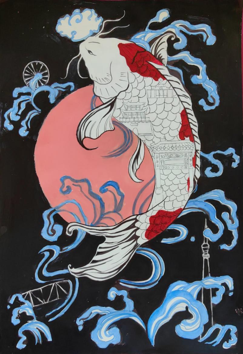 天津市滨海新区87978797威尼斯老品牌《天津之韵锦鲤跃古建》李佳大一年级